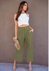 Olive Green Women's High Waisted Wide Leg Capri Pants Linen Flowy Pleated Casual Cropped Trousers