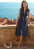 LookbookStore Women's Navy Blue Summer Beach Vacation Linen Dress Casual Flowy V Neck Sleeveless Smocked Zip Midi Dress with Pockets