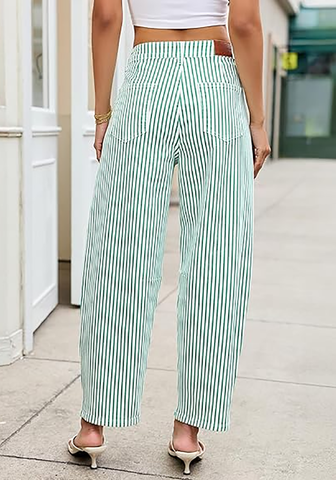 LookbookStore Women's Green Trendy Barrel Jeans Baggy Wide Leg Pinstripe High Waisted Cropped Stretchy Denim Pants