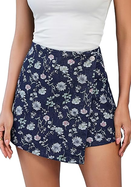 LookbookStore Women's Nightfall Blue Floral Denim Skorts Trendy Floral Print Faux Wrap High Waisted Stretchy Elastic Waist Jean Skort