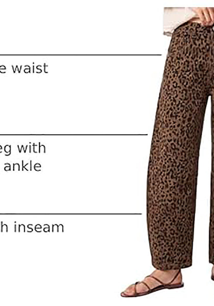 Brown Cheetah Women's Trendy Leopard Barrel Jeans — High Waisted Baggy Wide Leg Stretchy Denim Pants with Front Seam & Ankle Length