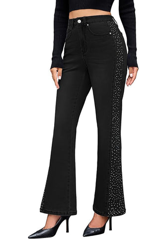 Washed Black Women's High Waisted Flared Jeans Rhinestone Side Stripes Comfort Stretch Functional Pockets