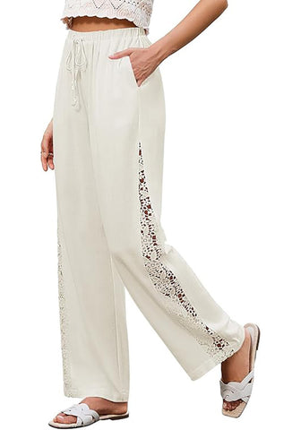 Women's Loose Wide Leg Pants with Hollow Out Side High Waisted Drawstring Elastic Casual Summer Trousers