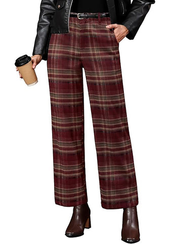 Wine Red & Khaki Plaid Palazzo Pants Women High Waist Wide Leg Trousers with Pockets Comfort Fall Winter Vintage Office