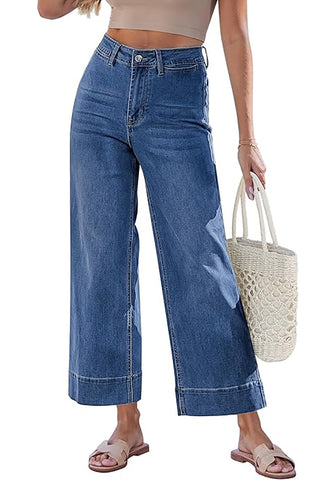 Women's High Waisted Wide Leg Cropped Denim Pants Rolled Cuff Casual Daily Wear Versatile Styling