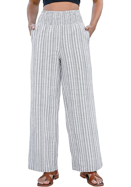 Women’s Striped Wide Leg Pants Causal Elastic High Waist Full Length Trousers with Pockets