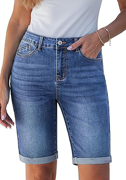 LookbookStore Medium Blue Women's Viral Y2K Aesthetic High Waist Stretchy Bermuda Denim Shorts with Rolled Cuffs