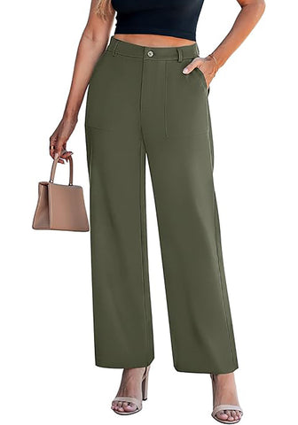 Women's High Waisted Wide Leg Soft Twill Pants Relaxed Fit Patch Pocket Trousers