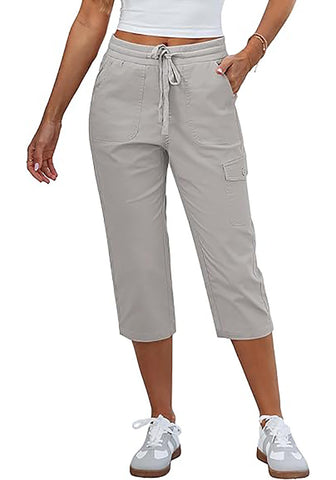 Women's Stretchy High Elastic Waist Wearable Tapered Short Cargo Capri Pants