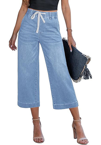 Casual Capri Jeans for Women Wide Leg Elastic Drawstring Waist Cropped Denim Trousers