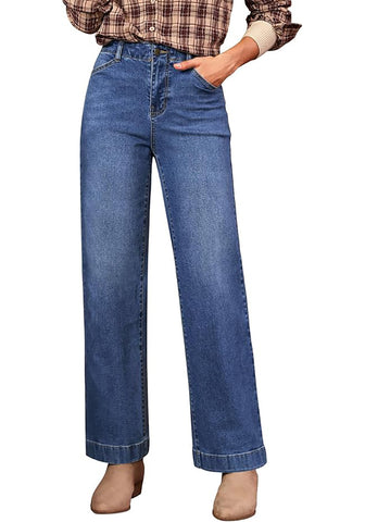 Timeless Blue Women's High Waisted Wide Leg Jeans with Comfort Stretch and Functional Pockets