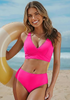 LookbookStore Women's Neon Pink V Neck Ruched Criss Cross Padded Bikini Top Modest Cute Swim Top for Beach Vacation