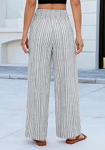 Women’s Striped Wide Leg Pants Causal Elastic High Waist Full Length Trousers with Pockets