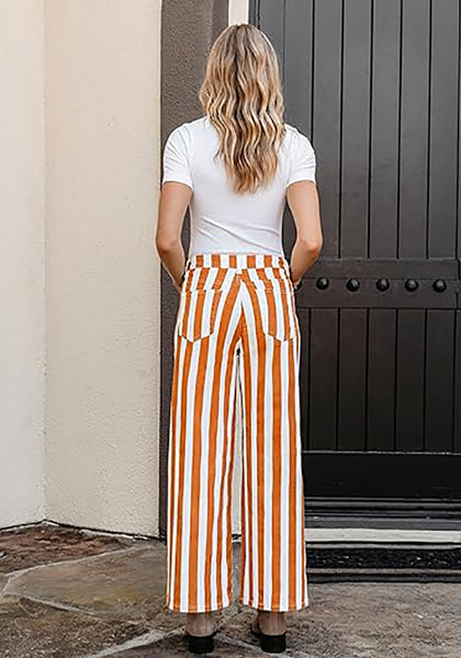 Women's Fashion High Waist Wide Leg Loose Fit Orange White Striped Denim Jeans
