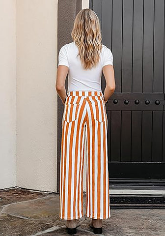 Women's Fashion High Waist Wide Leg Loose Fit Orange White Striped Denim Jeans