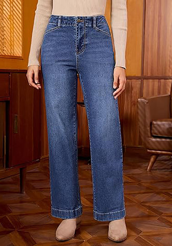 Timeless Blue Women's High Waisted Wide Leg Jeans with Comfort Stretch and Functional Pockets
