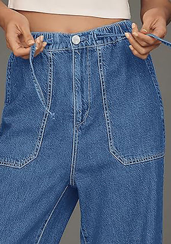 Medium Blue Cropped Wide Leg High Waisted Drawstring Denim Jeans For Women
