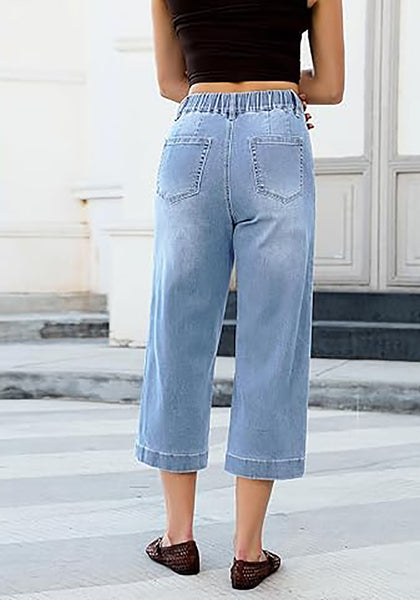 Casual Capri Jeans for Women Wide Leg Elastic Drawstring Waist Cropped Denim Trousers