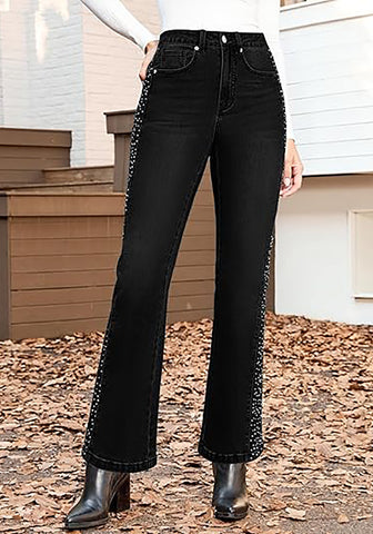 Washed Black Women's High Waisted Flared Jeans Rhinestone Side Stripes Comfort Stretch Functional Pockets