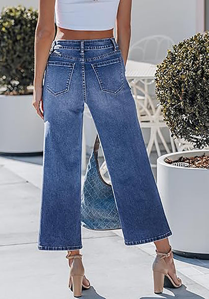 Women's High Waisted Multi Button Wide Leg Denim Jeans Casual Relaxed Daily Wear Functional Pockets