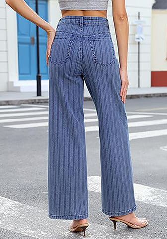 High Waisted Striped Wide Leg Jeans for Women Vintage Denim Loose Fit Casual Pants