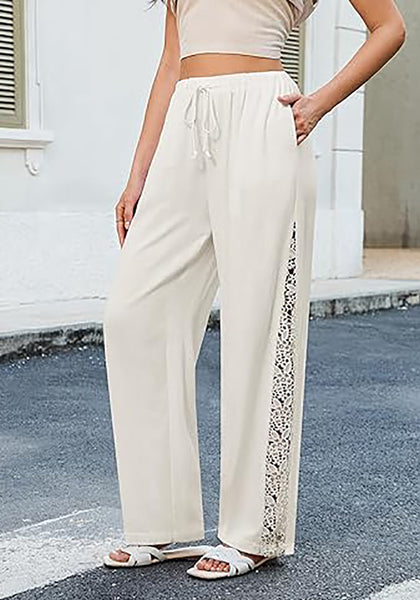 Women's Loose Wide Leg Pants with Hollow Out Side High Waisted Drawstring Elastic Casual Summer Trousers