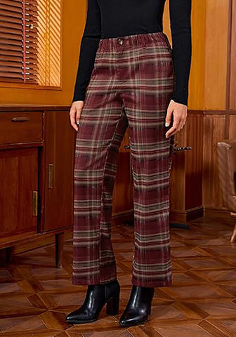 Wine Red & Khaki Plaid Palazzo Pants Women High Waist Wide Leg Trousers with Pockets Comfort Fall Winter Vintage Office