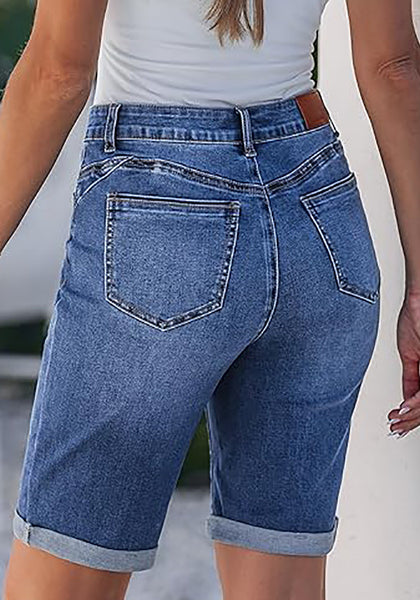 LookbookStore Medium Blue Women's Viral Y2K Aesthetic High Waist Stretchy Bermuda Denim Shorts with Rolled Cuffs