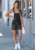 LookbookStore Women's Washed Black Loose Fit Denim Bib Overalls Baggy Stretchy Shortalls Summer Casual Adjustable