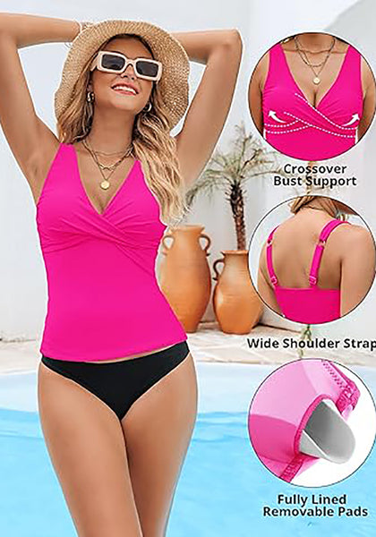 Tankini Tops for Women Deep V Neck Front Ruched  Swimwear with Adjustable Wide Straps