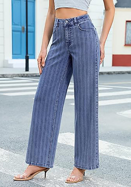 High Waisted Striped Wide Leg Jeans for Women Vintage Denim Loose Fit Casual Pants