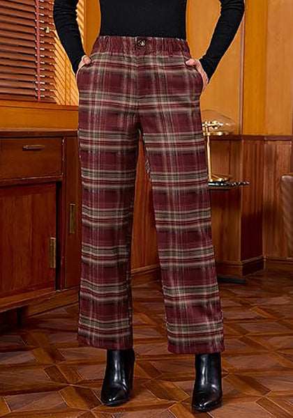 Wine Red & Khaki Plaid Palazzo Pants Women High Waist Wide Leg Trousers with Pockets Comfort Fall Winter Vintage Office