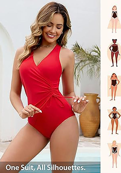 Women One Piece Swimsuit V Neck Wrap Design Side Drawstring Ruched Sleeveless Tank Swimwear