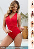 Women One Piece Swimsuit V Neck Wrap Design Side Drawstring Ruched Sleeveless Tank Swimwear