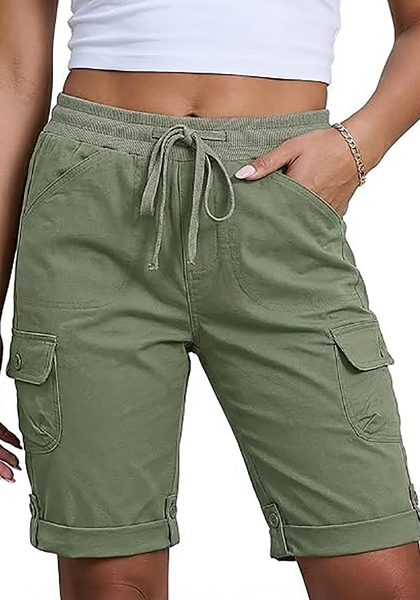 LookbookStore Women's Army Green Relaxed Fit Bermuda Shorts with Drawstring Waist and Utility Cargo Pockets