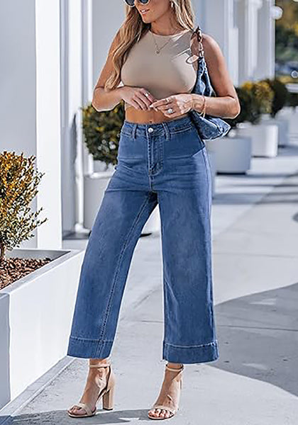 Women's High Waisted Wide Leg Cropped Denim Pants Rolled Cuff Casual Daily Wear Versatile Styling
