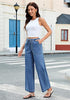 Medium Blue Cropped Wide Leg High Waisted Drawstring Denim Jeans For Women