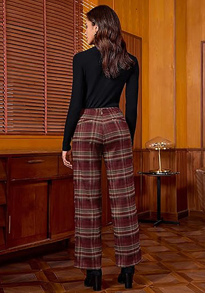Wine Red & Khaki Plaid Palazzo Pants Women High Waist Wide Leg Trousers with Pockets Comfort Fall Winter Vintage Office