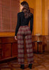 Wine Red & Khaki Plaid Palazzo Pants Women High Waist Wide Leg Trousers with Pockets Comfort Fall Winter Vintage Office