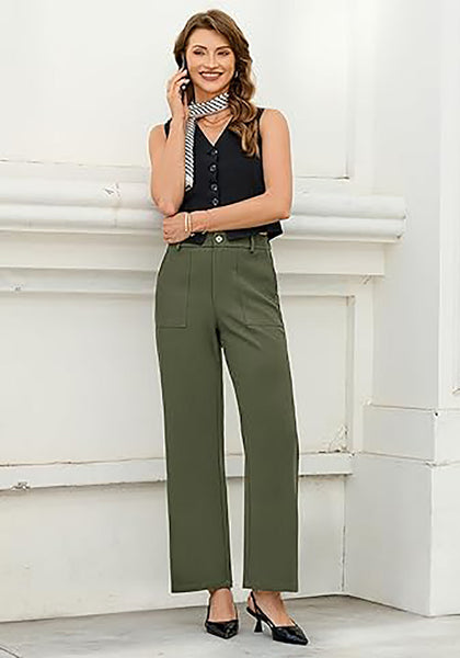 Women's High Waisted Wide Leg Soft Twill Pants Relaxed Fit Patch Pocket Trousers