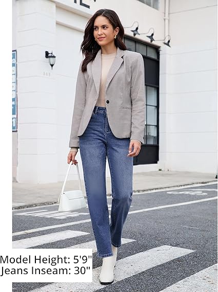 Timeless Blue High Waist Denim Pants Straight Leg Comfort Stretch Jeans Full Length Jeans with Pockets Casual