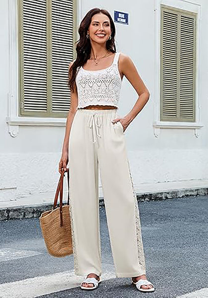 Women's Loose Wide Leg Pants with Hollow Out Side High Waisted Drawstring Elastic Casual Summer Trousers