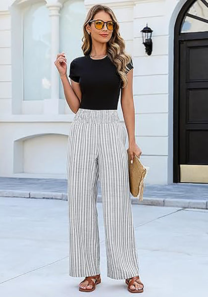 Women’s Striped Wide Leg Pants Causal Elastic High Waist Full Length Trousers with Pockets