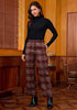 Wine Red & Khaki Plaid Palazzo Pants Women High Waist Wide Leg Trousers with Pockets Comfort Fall Winter Vintage Office