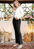 Washed Black Women's High Waisted Flared Jeans Rhinestone Side Stripes Comfort Stretch Functional Pockets