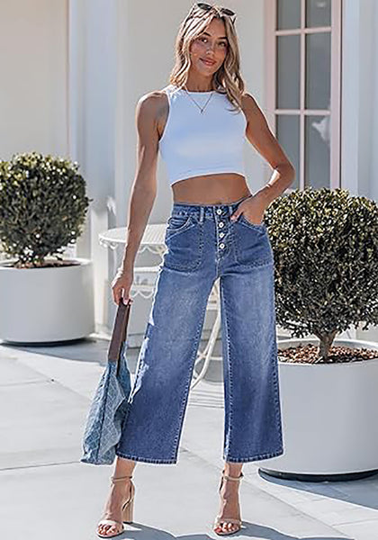 Women's High Waisted Multi Button Wide Leg Denim Jeans Casual Relaxed Daily Wear Functional Pockets