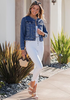 LookbookStore Women Classic Blue Denim Jacket Crew Neck Button Front Utility Pockets Relaxed Fit Casual Daily Wear Staple