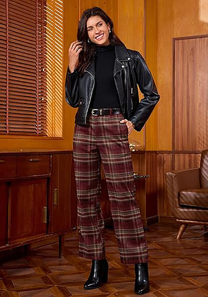 Wine Red & Khaki Plaid Palazzo Pants Women High Waist Wide Leg Trousers with Pockets Comfort Fall Winter Vintage Office