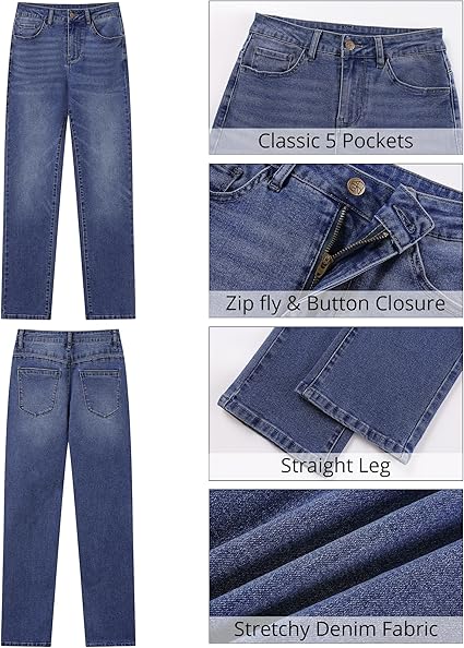 Timeless Blue High Waist Denim Pants Straight Leg Comfort Stretch Jeans Full Length Jeans with Pockets Casual