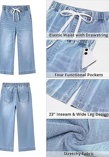 Casual Capri Jeans for Women Wide Leg Elastic Drawstring Waist Cropped Denim Trousers